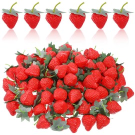 120Pcs Artificial Strawberries, Faux Realistic Strawberry Decor 1.38in Fake Lifelike Fruit Red Strawberries with Green Leaves for Home Kitchen Party Photography Prop