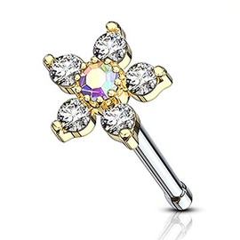 Autiga Nose Stud, Flower Nose Stud, Cubic Zirconia Crystals, Stainless Steel, Flower gold clear