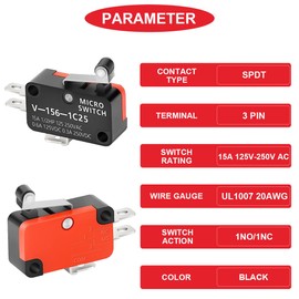MKBKLLJY 12Pcs Lead Limit Switch Short Hinge Roller Lever Arm 13.5mm/0.53inch,1NO 1NC SPDT 3Pin Momentary Snap Action Micro Switch for Arduino with 36Pcs Terminal Wires and 20Pcs Wiring Caps