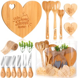 Patelai 13 Pcs Housewarming Gifts Set Includes Bamboo Heart Cutting Board, Spoon, Cheese Knives Coasters and Clear Gift Bags for New House, Home, Couples, Women