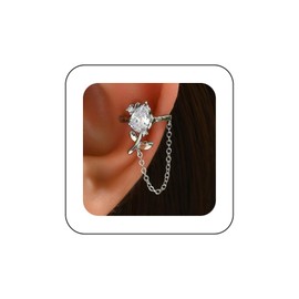 Vintage Crystal Flower Ear Cuff Earrings Silver Rhinestone Rose Cuff Chain Earring Cz Cartilage Chain Clip Earring Minimalist No Piercing Earrings Jewelry for Women