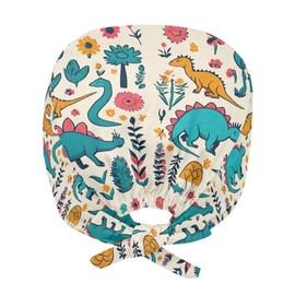 JoyLamoria Turban Hat Cap with Sweatband Adjustable Tie Back Hat Soft Washable for Women Men, Dinosaur Floral
