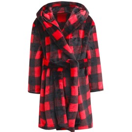 BAOPTEIL Kids Hooded Bathrobe Girls Plush Hooded Flannel Robe Boys Soft Bathrobe Sleepwear（Red Plaid，7-8 Years）
