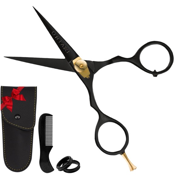ONTAKI 5.5" Professional Japanese Steel Beard Mustache Scissors Salon Shears - Hand Forged Barber Scissors For Men Precision - Trimming Scissors for Beards, Mustache, Bangs, Hair & Pets (Gold & Black)