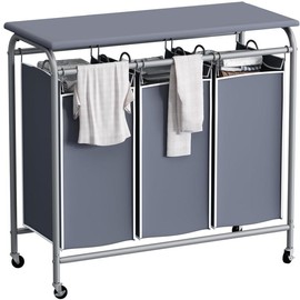 Laundry 3-Bag Sorter Heavy Duty Rolling Lockable Wheels Laundry Hamper Cart with Ironing Board and Removable Bags Household Organiser Cover Industrial - Color: grey, Size: 3 Bags