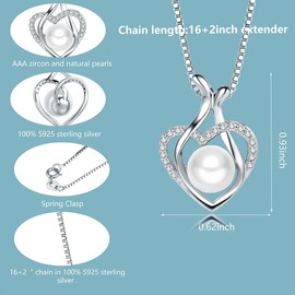 Pearl Necklaces for Women Gifts Sterling Silver Genuine White Freshwater Cultured Pearls Pendant Necklace- Christmas Gifts for Mom Wife Girlfriend Her, Anniversary Birthday Fine Jewelry NO024, Sterling Silver, Pearl