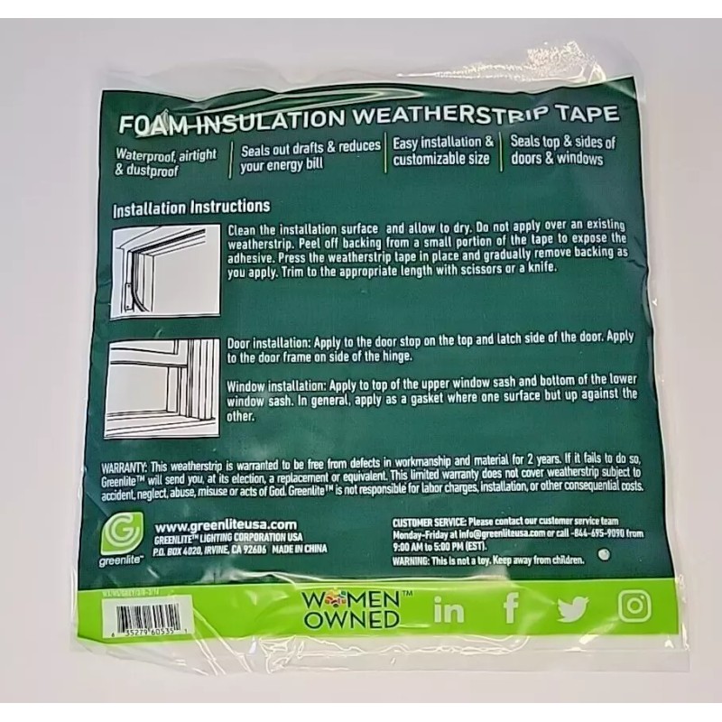Greenlite Weatherstrip Tape Self Adhesive Closed Cell Foam 17 Feet
