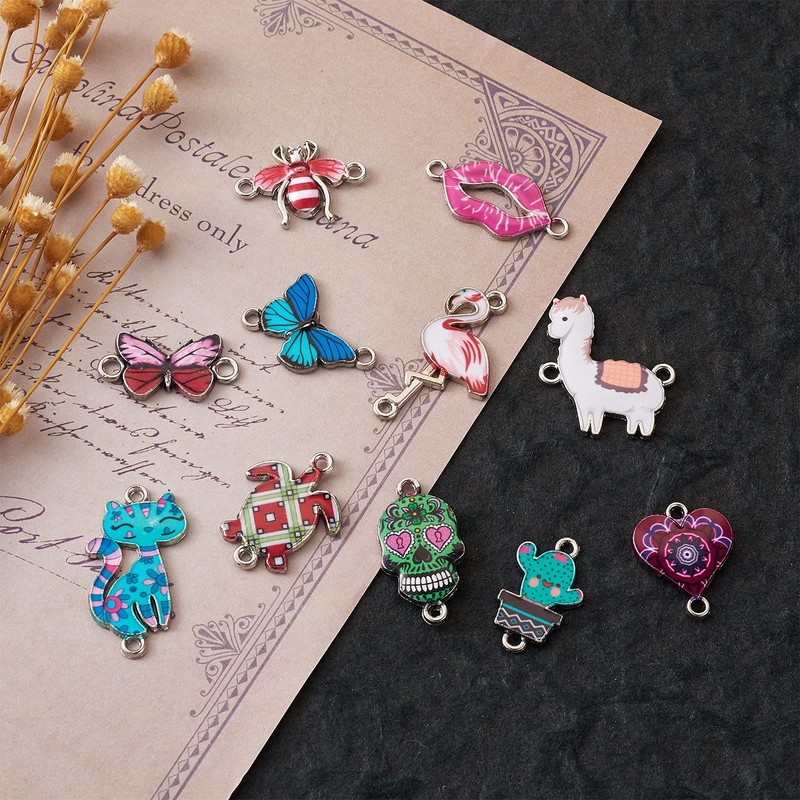 Cheriswelry 110 Pieces Printed Alloy Enamel Links Cat Butterfly Heart