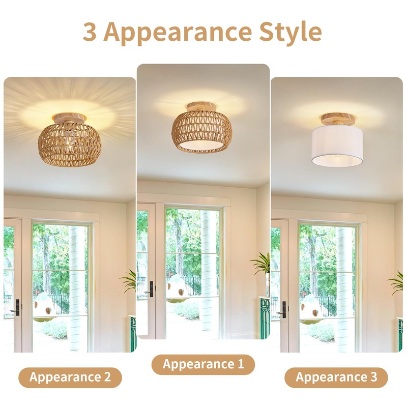 Rattan Ceiling Light Fixture，3 Style Options Boho Flush Mount Ceiling