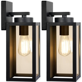 Outdoor Wall Light Fixtures, Exterior Waterproof Wall Lanterns, Porch Sconces Lighting with E26 Sockets & Glass Shades, Modern Matte Black Outside Lights for Patio Front Door Entryway Garage, 2-Pack