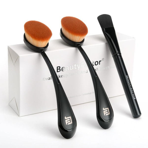 BEAUTYFACTOR Pack of 3 oval foundation brushes, includes two foundation make-up brushes and a mask brush, quick and flawless application of foundation
