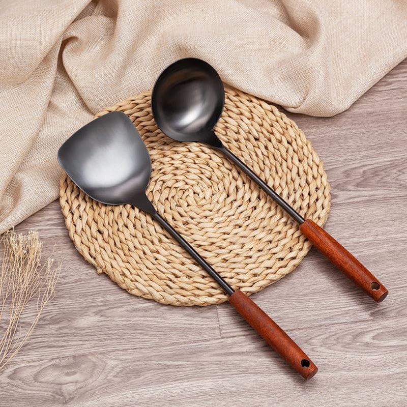Cabilock Cooking Spoon for Wok 1 Piece Stainless Steel Wooden
