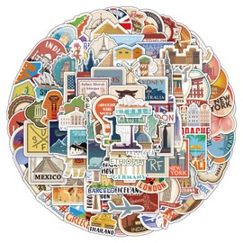 100PCS Tourist Map City Stickers, Vintage Vinyl Waterproof World Tourist Landmark Sticker Pack, Famous Architectural Landscape City Landscape Stickers, Suitable For Adults