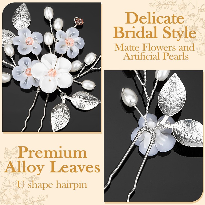 MELLIEX 5 Stück Hochzeit Haarnadeln, Blumen Perlen Braut Haarschmuck Silber