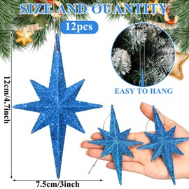 Quzzil 12 Pcs Christmas Bethlehem Star Ornament 4.72 x 2.95 Inch Star of Bethlehem Christmas Tree Topper Glitter Ornament Plastic Nativity Stars Hanging Decor Accessories(Blue)