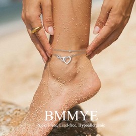 BMMYE Sterling Silver Anklet Ankle Bracelets for Women,Adjustable Silver Anklets for Women Infinity Heart Ankle Bracelet