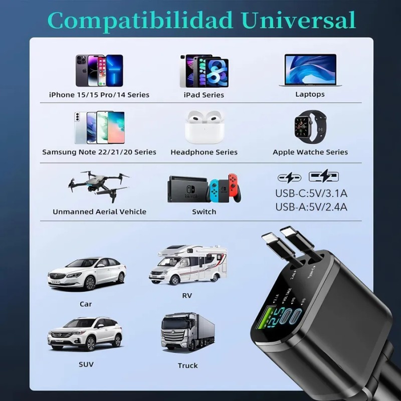 5en1 Cargador Para Auto Retráctil 120w Carga Rápida De Coche