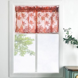 Kotile Burnt Orange Sheer Valance Curtain for Kitchen, Country Rustic Floral Rust Fall Valance for Windows, Light Filtering Rod Pocket Farmhouse Valance, 52 x 18 Inch, 1 Panel, Burnt Orange