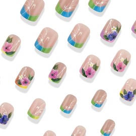 Flower Press on Nails Short Square Color French Tip Fake Nails Blue Pink Flower False Nails with Designs Rhinestones Floral Glossy Glue on Nails Spring Summer Acrylic Nails for Women Girls 24 Pcs