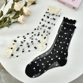 Ksriylm 4 Pairs Women's Sheer Crystal Ruffle Dot Socks Frilly Sock for Women, Cute Women’s Lacesock Nylon Mesh Thin Anklesocks for Women(Black White)