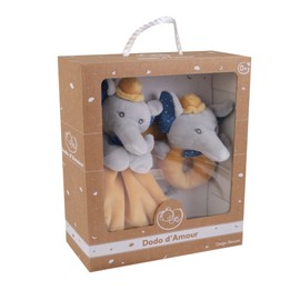 DODO D'AMOUR - Set of square cuddly toy and rattle - elephant - 027191 - mustard - fleece - birth - plush toy - baby - soothing - soft - washable - 29 cm x 22 cm - from 0 months