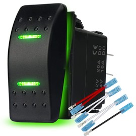 HOKAAER Waterproof Rocker Switch Toggle On-Off-On 12V/20A 24V/10A 7Pin DPDT Green LED Light, with Jumper Wires Set for Marine Boat Car Truck Trailer 4x4 Caravan RV SUV ATV UTV