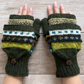 Ella Sussman Convertible Knit Mittens Wool Glittens Flip Cover Fleeced Lined (Green)