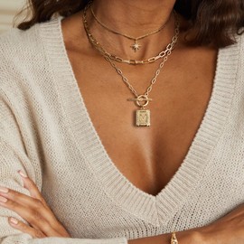 MJartoria Layered Initial Necklaces for Women Trendy, 14K Gold Plated Simple Star Choker Square Letter Pendant Necklace, Paperclip Chain Necklace, Gold Necklaces Jewelry Gifts (Gold, M)