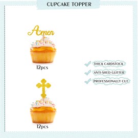 24 piezas – Decoración para magdalenas de Jesús Cross Ammen, con purpurina dorada para baby shower, decoraciones para pasteles para bautismo de bebé, primera primera comunión/fiesta temática de Pascua de Jesús