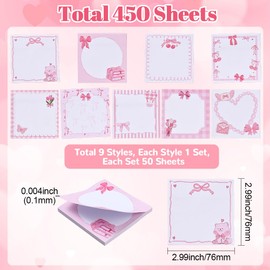 SOFPLATE 9 Styles 450 Sheets Sticky Notes Set Pink Self Stick Notes Bulk 3 X 3 Inch Square Cute Kawaii Cartoon Sweet Bowknot Flower Cherry Sticky Pads for Office School Birthday Party Favors Supplies