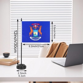 JBSJBS USA Michigan Desk Flag 12" Solid Pole Deluxe Set US Michigan Flags Banner Mini Small American State Office Table Flags with Black Stand Base Desktop Decorations(2Pack)