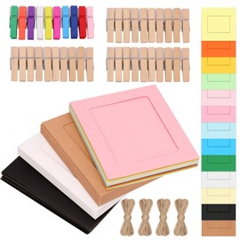 Cimeton 40Pcs 4" Paper Picture Frames Colorful Cardboard Picture Frames Kit with Wooden Clips and String Paper Photo Frame DIY Cardboard Photo Frames for Wall Decor