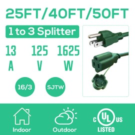 Banord 25FT Total (13FT Max End-to-End) Extension Cord with 1 to 3 Splitter - UL Listed, 16/3 SJTW Weatherproof, Indoor & Outdoor Use, Includes 3 Weatherproof Covers, Ideal for Holiday Lights
