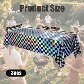 Black and Iridescent Checkered Plastic Tablecloth,3 Pack Birthday Table Cloth Set,Rainbow Checkered Plastic Table Covers+Waterproof and Durable,54"x108",Indoor and Outdoor Party Use