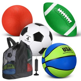 Deekin 4 Pcs Sport Balls Set for Kids Teens, Include Size 5 Basketball Size 4 Soccer Size 6 Football Playground Ball and Pump, Sports Bag Equipment Sport Gift for Kids(Navy Blue, Green)