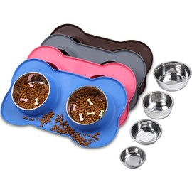 VIVAGLORY Dog Bowls, Stainless Steel Cat Puppy Dogs Water Food Bowls with Non Spill Skid Resistant Silicone Mat, X-Large, Blue