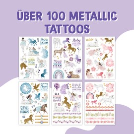 Papierdrachen 100 Metallic Tattoos for Sticking, Skin-Friendly Children's Tattoos, Unicorns, Glitter Tattoo, as a Birthday Party Bags, Vegan, Made and Tested in Germany