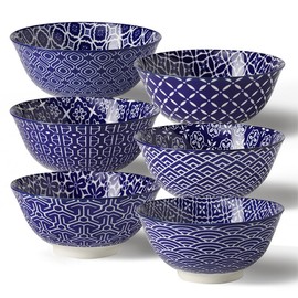 Metahom Ceramic Cereal Bowls, 23 Oz Blue and White Bowls, Porcelain Soup Bowl Set for Salad, Dessert, Pasta, Ice Cream,Set of 6