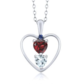 925 Sterling Silver Red Garnet Sky Blue Aquamarine and Blue Created Sapphire Pendant Necklace For Women (0.86 Cttw, Gemstone January Birthstone, Heart 5MM and 4MM, with 18 Inch Silver Chain)