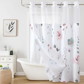 QiyI Flower Shower Curtain with Snap in Liner, Grey and Pink Watercolor Floral Cloth Bath Curtain, No Hook Shower Curtains with Mesh Top Window, Fabric Waterproof Bathroom Curtain Set, 72 x 81 Inch
