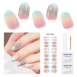 DUKASOU Gel Nail Strips for Women(No UV Light Needed), 22Pcs Graduated Rainbow Gel Nail Stickers Kit, Gel Nail Wraps Fit for Home Travel Party Wedding, Includes Prep Pads, Nail File & Wood Stick