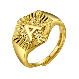 U7 Trendy A-Z Letter Gold Plated Adjustable Opening Rings Statement Party Wedding Jewelry Alphabet Initial Name Ring for Women (A)