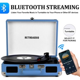 Vinyl Record Player Bluetooth Vintage Portable Suitcase Turntable with Built-in Speakers 3-Speed Belt-Driven Record Player Support RCA Output and Headphone Output