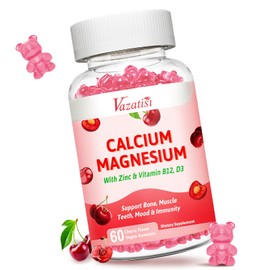Calcium Magnesium Zinc Gummies, Calcium Magnesium 2:1 Ratio with Vitamin D3 & B12 for Support Muscle, Mood and Immunity, 60 Vegan Cherry Flavor Gummies