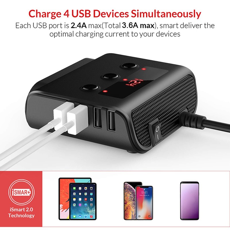 Car Chargers 100W High Power Charging Adapter 3-Socket Power Splitter
