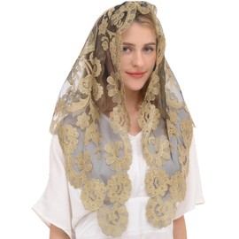 Ammmscaf Church Prayer Chapel Veil Catholic Mass Mantilla for Women Lace Latin Mass Church Veil Head Covering (Gold&Black)