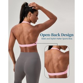 LWISMIL Pink Halter Sports Bra V Neck Open Back Workout Bra for Women Front Twist Seamless Bra Yoga Running Gym Crop Tank Top