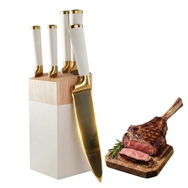 7Pcs Gold White Kitchen Knife Set with Acacia Wooden Block Gifts for Women