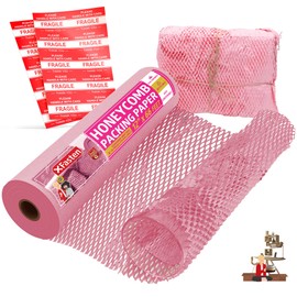 Pink Honeycomb Packing Paper for Moving 12-Inch x 66-Feet Bubble Honeycomb Wrap, Honeycomb Wrapping Paper for Packing Cushion with 20 Fragile Stickers Packing Supplies by XFasten