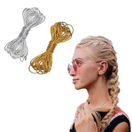 2Pcs 5M Elastic Cords Braids Hair Accessories, Hair Strings Braids Silver Gold Braiding Hair Deco Styling Stretchable African for Women Hair Braiding Ornament Hanging and Gift Wrapping